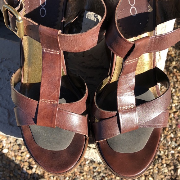 Brown Leather Aldo Wooden Platform Wedge Heeled Sandals!! Size 39 or 8.5 - Picture 9 of 16